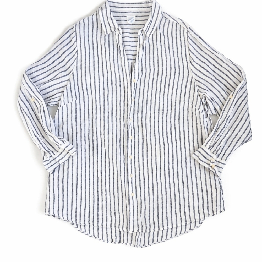 Sigrid Olsen 100% linen button down top tunic striped yacht cruise vacation 1X